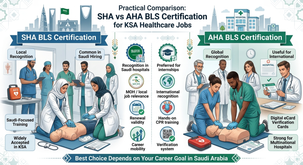 Practical Comparison: SHA vs AHA BLS Certification for KSA Healthcare Jobs