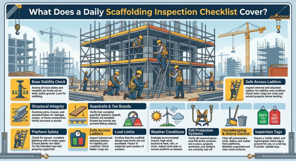 What does a daily scaffolding inspection checklist cover